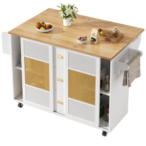 Îlot Cuisine Avec Rangement, Porte-serviettes Et Étagère à Épices, Buffet Mobile Mdf, Blanc