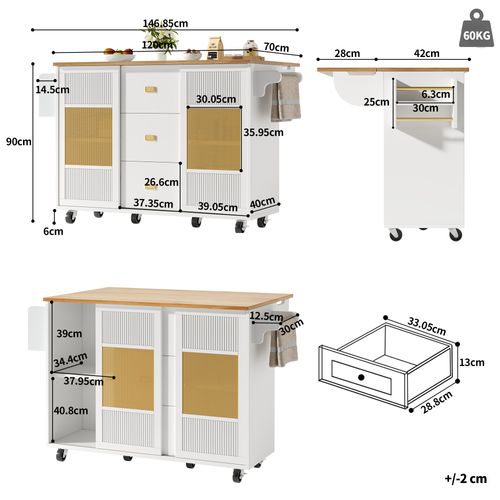 Îlot Cuisine Avec Rangement, Porte-serviettes Et Étagère à Épices, Buffet Mobile Mdf, Blanc