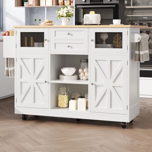Îlot Cuisine Avec Portes 3d Et Séparateurs Ajustables, Meuble Mdf Et Métal, Blanc + Naturel