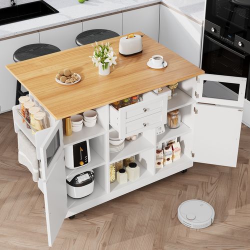 Îlot Cuisine Avec Portes 3d Et Séparateurs Ajustables, Meuble Mdf Et Métal, Blanc + Naturel