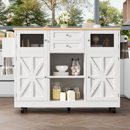 Îlot Cuisine Avec Portes 3d Et Séparateurs Ajustables, Meuble Mdf Et Métal, Blanc + Naturel