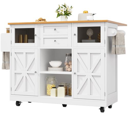 Îlot Cuisine Avec Portes 3d Et Séparateurs Ajustables, Meuble Mdf Et Métal, Blanc + Naturel