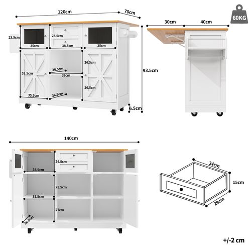 Îlot Cuisine Avec Portes 3d Et Séparateurs Ajustables, Meuble Mdf Et Métal, Blanc + Naturel