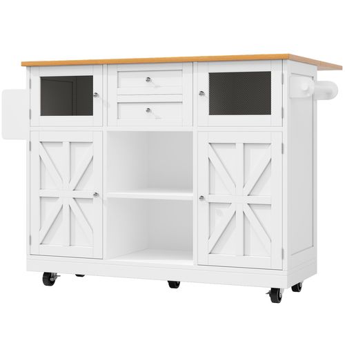 Îlot Cuisine Avec Portes 3d Et Séparateurs Ajustables, Meuble Mdf Et Métal, Blanc + Naturel