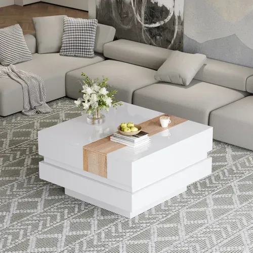 Table Basse 2 Compartiments, Plateau Coulissant, Éclairage, Panneau Particules, Blanc