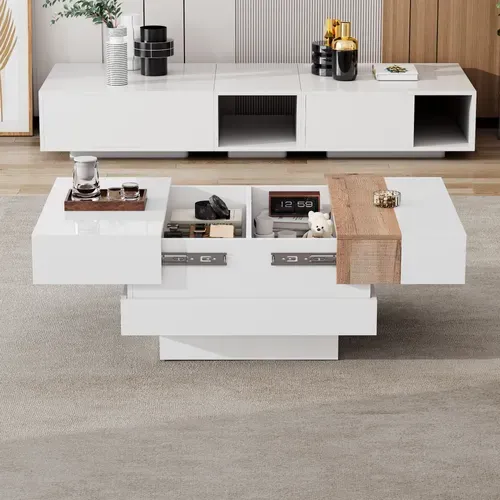 Table Basse 2 Compartiments, Plateau Coulissant, Éclairage, Panneau Particules, Blanc