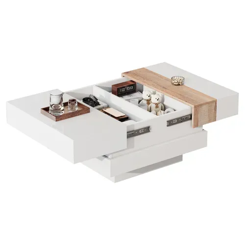 Table Basse 2 Compartiments, Plateau Coulissant, Éclairage, Panneau Particules, Blanc