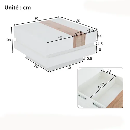 Table Basse 2 Compartiments, Plateau Coulissant, Éclairage, Panneau Particules, Blanc
