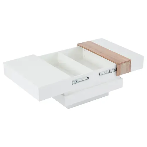 Table Basse 2 Compartiments, Plateau Coulissant, Éclairage, Panneau Particules, Blanc