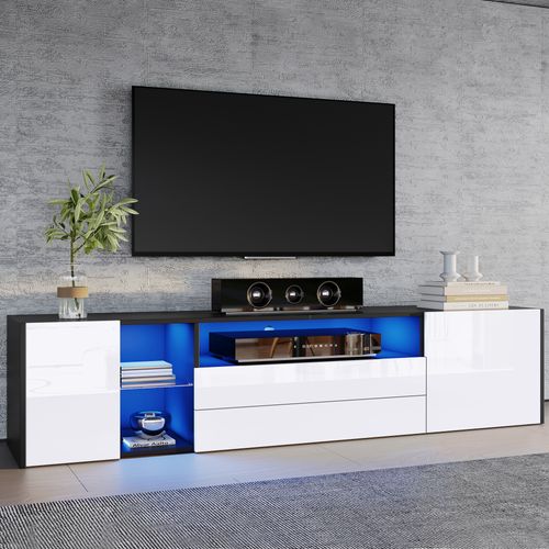 Meuble TV 2 Tiroirs Et 2 Placards, LED App, Panneau De Particules Et Verre Trempé, Noir/blanc