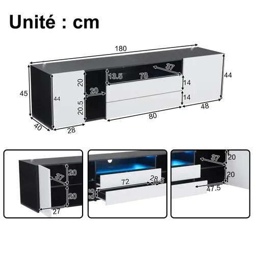 Meuble TV 2 Tiroirs Et 2 Placards, LED App, Panneau De Particules Et Verre Trempé, Noir/blanc