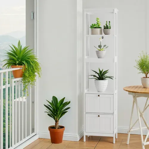Meuble De Salle De Bain - Armoire Haute - 2 Tiroirs Et 3 Étagères - Design Moderne - Blanc