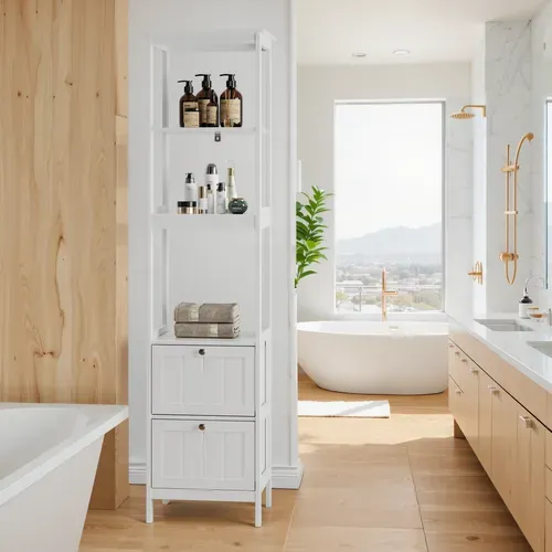 Meuble De Salle De Bain - Armoire Haute - 2 Tiroirs Et 3 Étagères - Design Moderne - Blanc