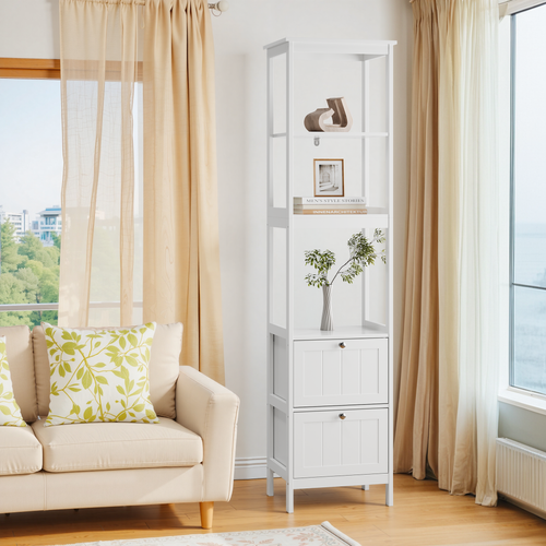 Meuble De Salle De Bain - Armoire Haute - 2 Tiroirs Et 3 Étagères - Design Moderne - Blanc