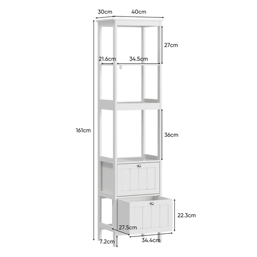 Meuble De Salle De Bain - Armoire Haute - 2 Tiroirs Et 3 Étagères - Design Moderne - Blanc