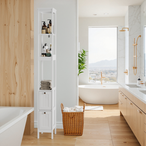 Armoire De Salle De Bain - Colonne Étroite Avec 3 Étagères Et 2 Tiroirs - Design Moderne - Blanc