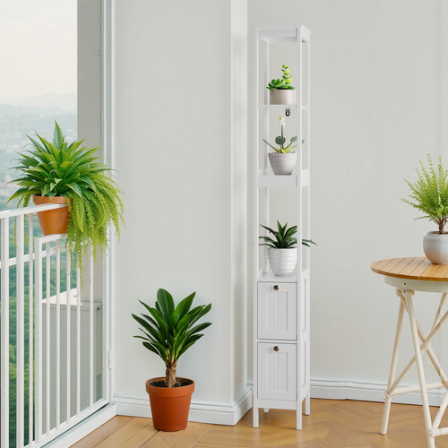 Armoire De Salle De Bain - Colonne Étroite Avec 3 Étagères Et 2 Tiroirs - Design Moderne - Blanc