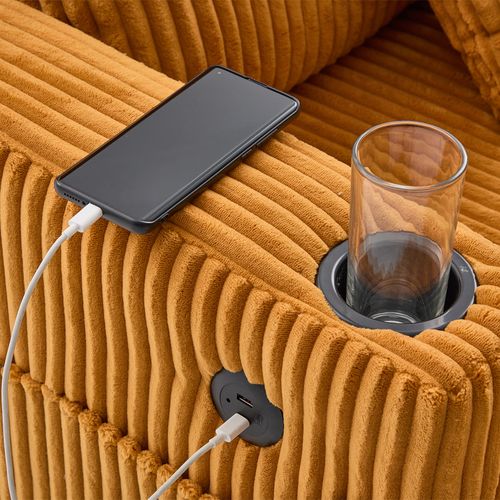 Méridienne 2 Places - Ports USB Et Éclairage LED - Porte-gobelets Latéraux - Velours Côtelé - Jaune