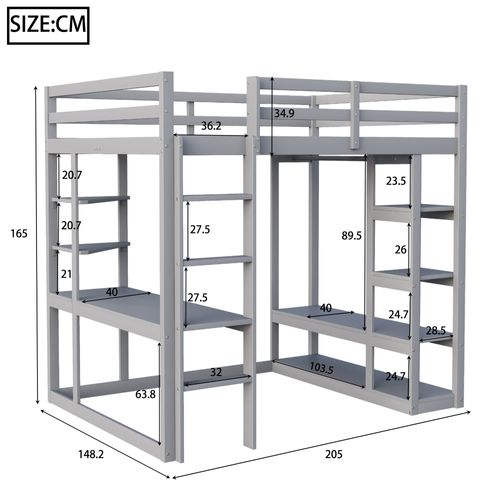 Lit Mezzanine 140x200 Cm - Lit Double - Bureau Intégré - Rangements - Échelle - Pin+mdf - Gris