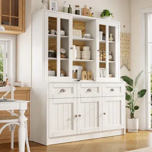Vitrine Design - Buffet Haut Avec Portes Vitrées Et Rangement Salon Cuisine,Blanc