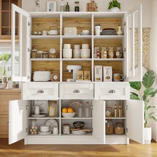 Vitrine Design - Buffet Haut Avec Portes Vitrées Et Rangement Salon Cuisine,Blanc