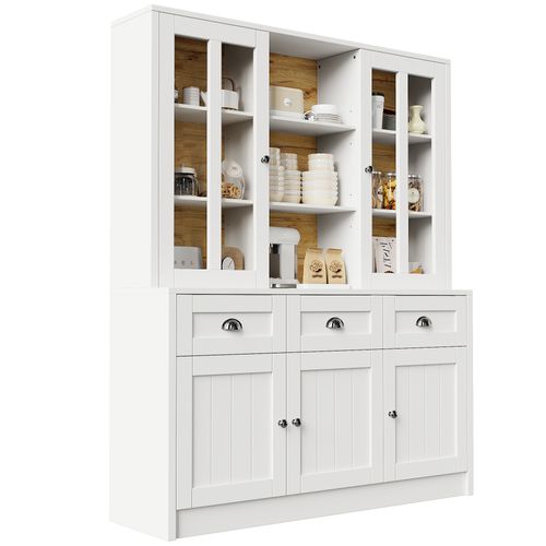Vitrine Design - Buffet Haut Avec Portes Vitrées Et Rangement Salon Cuisine,Blanc