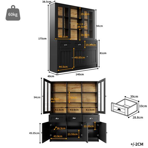 Vitrine - Design Moderne - Buffet Haut Portes Vitrées - Rangement - Noir