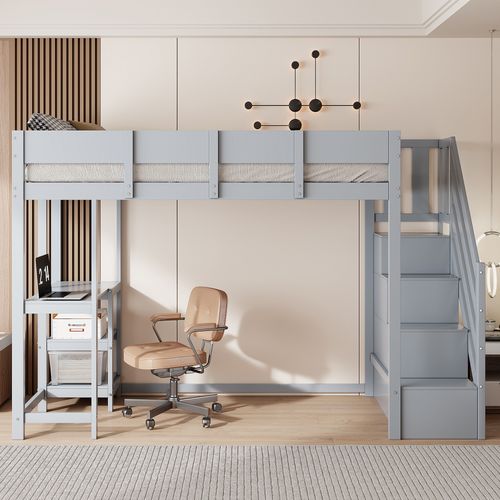 Lit Mezzanine 90x200 Cm - Lit Avec Escalier Et Tiroirs - Structure Stable - Gris