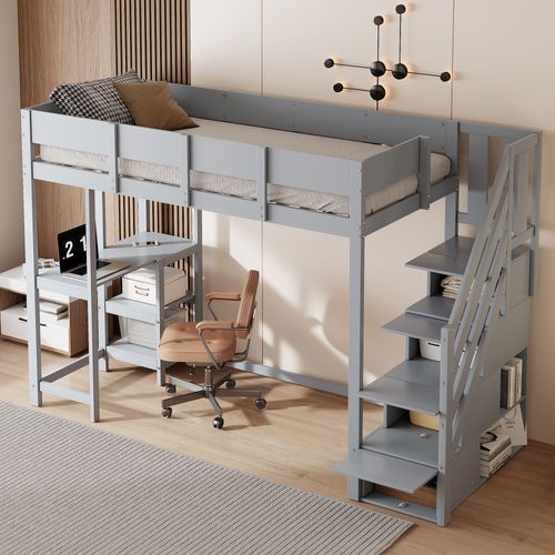 Lit Mezzanine 90x200 Cm - Lit Avec Escalier Et Tiroirs - Structure Stable - Gris