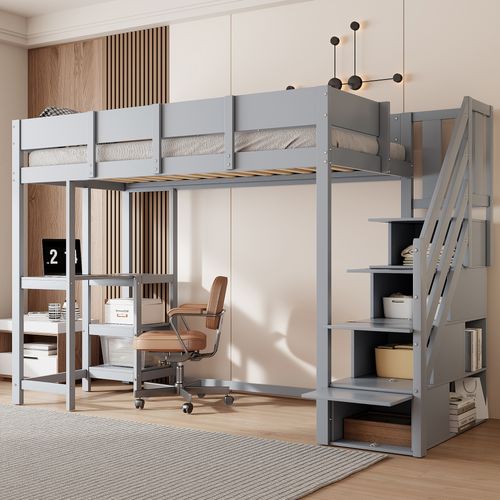 Lit Mezzanine 90x200 Cm - Lit Avec Escalier Et Tiroirs - Structure Stable - Gris