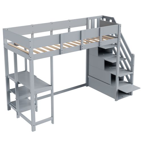 Lit Mezzanine 90x200 Cm - Lit Avec Escalier Et Tiroirs - Structure Stable - Gris