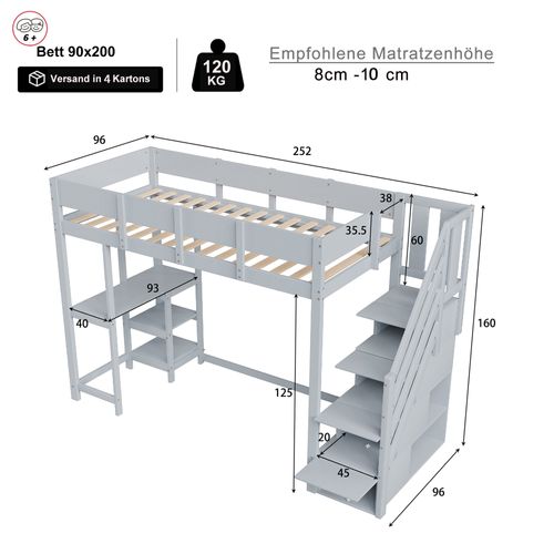 Lit Mezzanine 90x200 Cm - Lit Avec Escalier Et Tiroirs - Structure Stable - Gris
