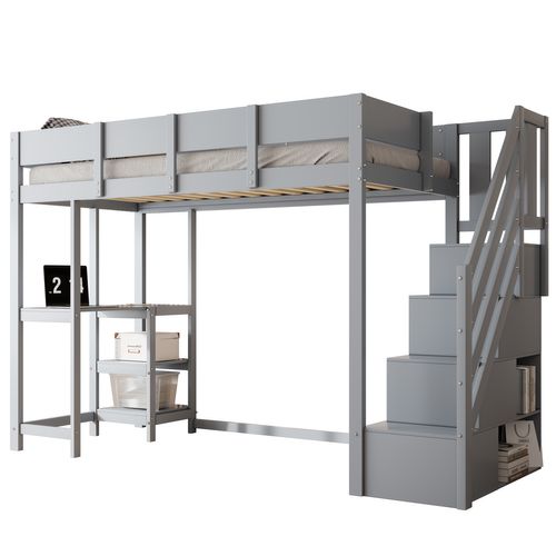 Lit Mezzanine 90x200 Cm - Lit Avec Escalier Et Tiroirs - Structure Stable - Gris