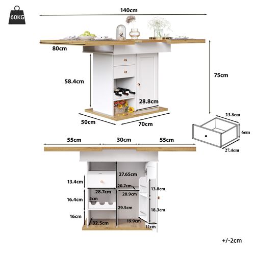 Table à Manger,table Pliante Extensible,casier à Vin Pour Cuisine, Meuble Multifonction,mdf,blanc
