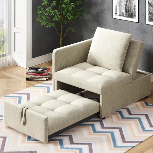 Canapé-lit 1 Place - Convertible, Dossier Réglable, Sans Matelas, Tissu Lin Beige