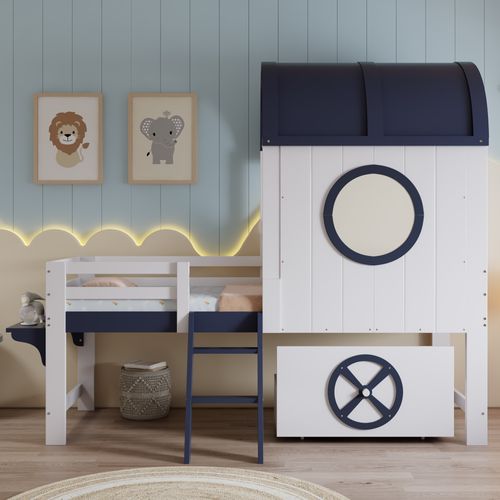 Lit Enfant 90x200 Cm - Mi-hauteur - Avec Rangement Et Toit Marin - Pin Et Mdf - Blanc Et Bleu Foncé