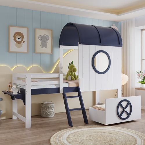 Lit Enfant 90x200 Cm - Mi-hauteur - Avec Rangement Et Toit Marin - Pin Et Mdf - Blanc Et Bleu Foncé