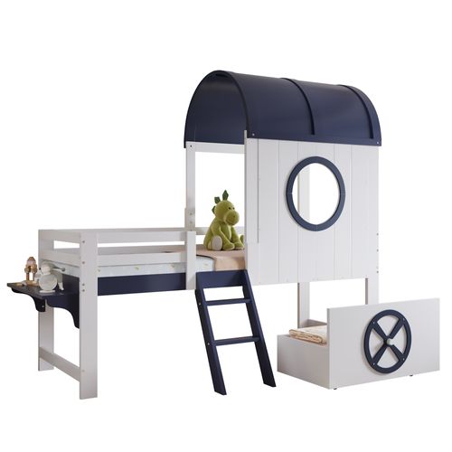 Lit Enfant 90x200 Cm - Mi-hauteur - Avec Rangement Et Toit Marin - Pin Et Mdf - Blanc Et Bleu Foncé