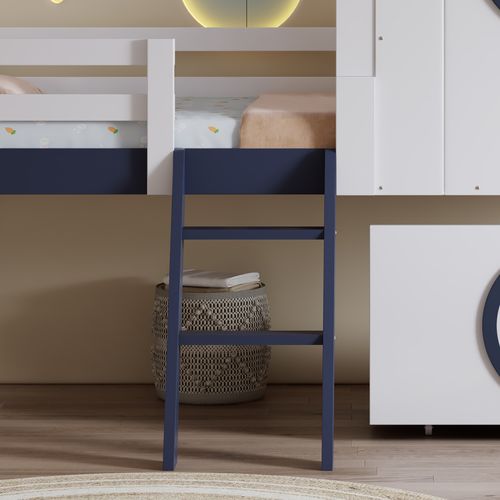 Lit Enfant 90x200 Cm - Mi-hauteur - Avec Rangement Et Toit Marin - Pin Et Mdf - Blanc Et Bleu Foncé