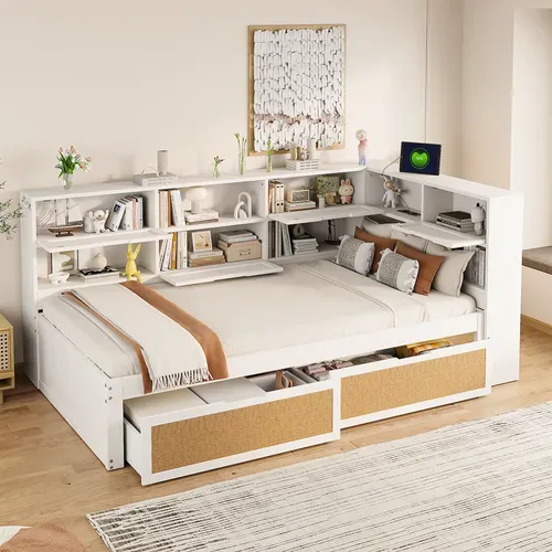 Lit Avec Rangement 90x200 Cm - Lit Enfant Avec Tiroirs Et Niches Intégrés - Contemporain - Blanc
