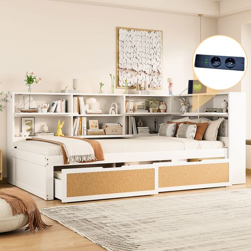 Lit Avec Rangement 90x200 Cm - Lit Enfant Avec Tiroirs Et Niches Intégrés - Contemporain - Blanc