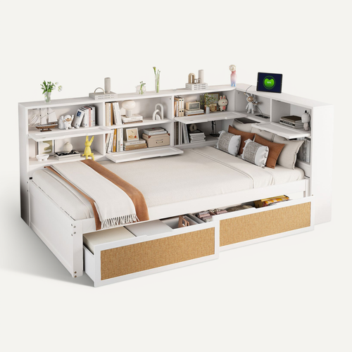 Lit Avec Rangement 90x200 Cm - Lit Enfant Avec Tiroirs Et Niches Intégrés - Contemporain - Blanc