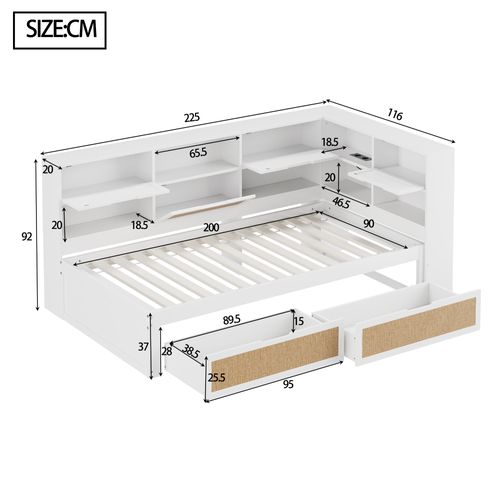 Lit Avec Rangement 90x200 Cm - Lit Enfant Avec Tiroirs Et Niches Intégrés - Contemporain - Blanc