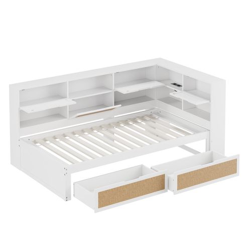 Lit Avec Rangement 90x200 Cm - Lit Enfant Avec Tiroirs Et Niches Intégrés - Contemporain - Blanc
