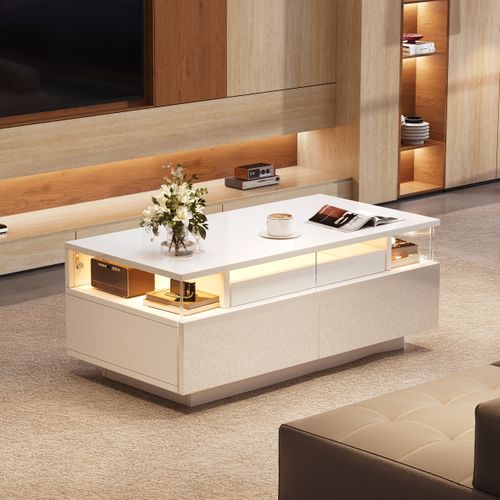 Table Basse - Tables De Salon Avec LED Intégrée Et 2 Tiroirs - Rangement - Blanc