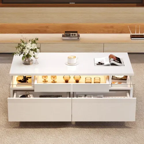 Table Basse - Tables De Salon Avec LED Intégrée Et 2 Tiroirs - Rangement - Blanc