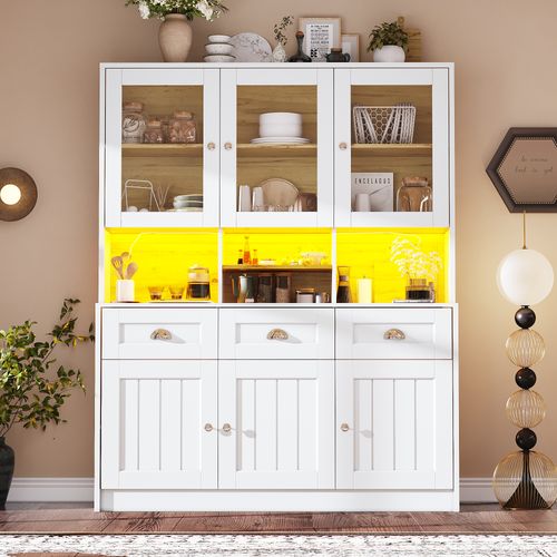 Buffet Haut LED Vitrine De Cuisine Avec Étagères Réglables Et Meuble De Rangement, Mdf, Blanc