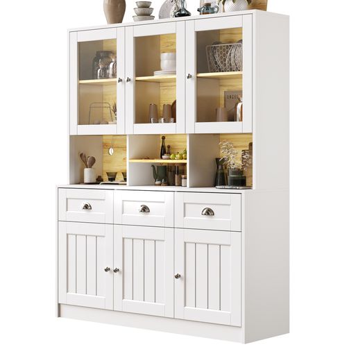 Buffet Haut LED Vitrine De Cuisine Avec Étagères Réglables Et Meuble De Rangement, Mdf, Blanc