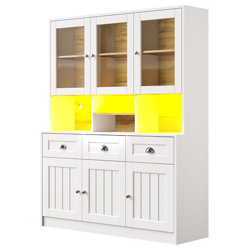 Buffet Haut LED Vitrine De Cuisine Avec Étagères Réglables Et Meuble De Rangement, Mdf, Blanc