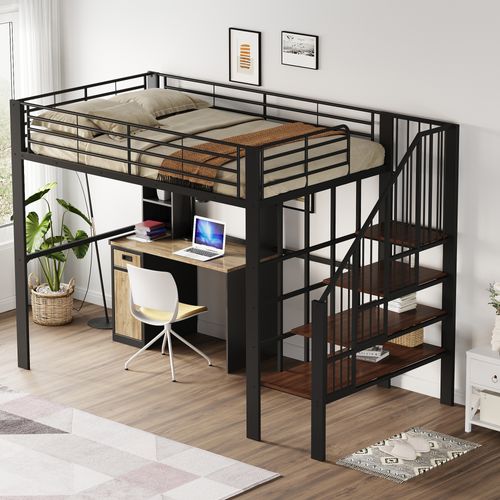 Lit Mezzanine 140x200 Avec Rangement Intégré Et Escalier, Structure Métal, Noir